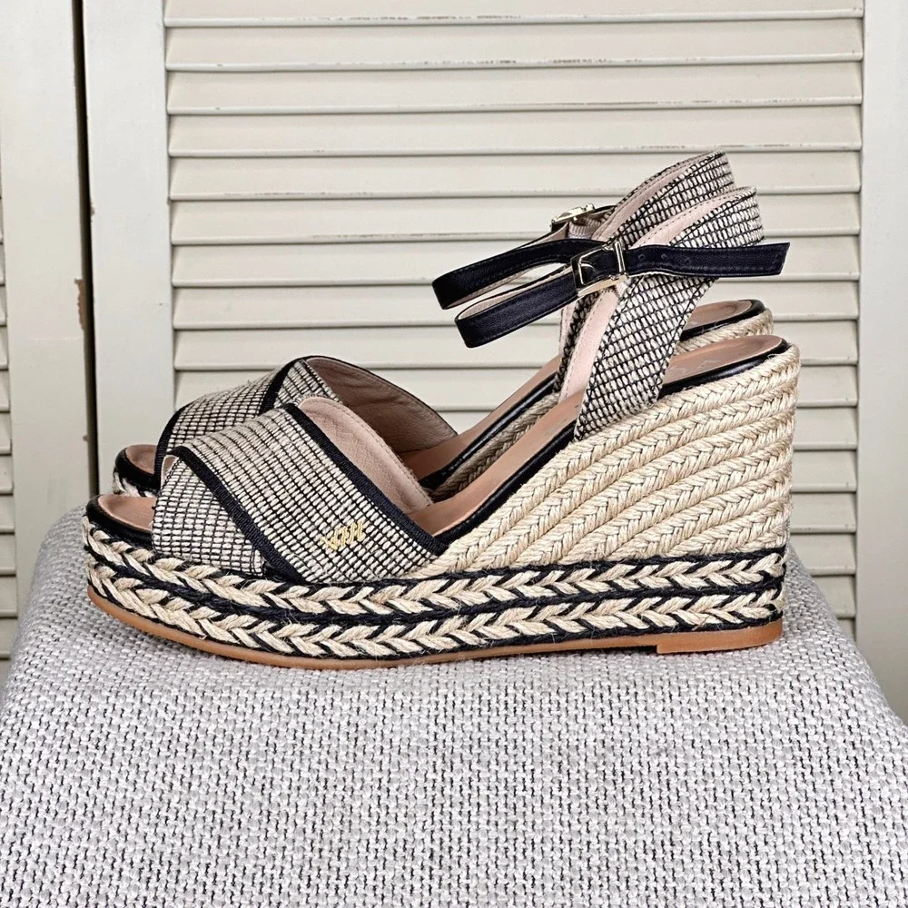 Viscata Barcelona Black Cream Woven Espadrille Platform Wedge Spain 7 US | 38 EU